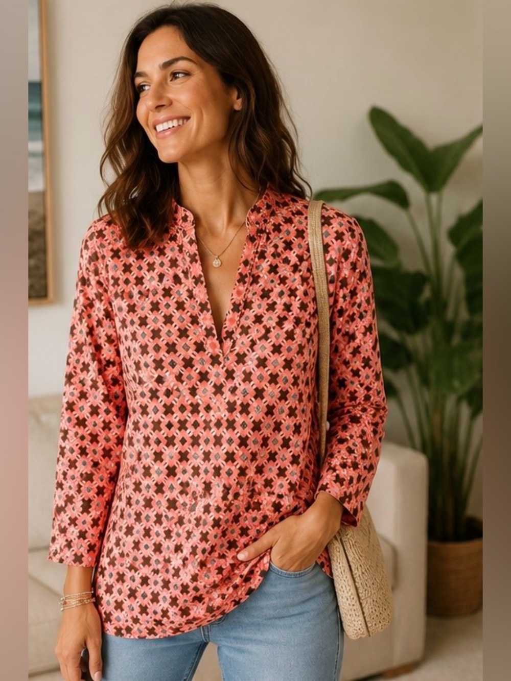 TORY BURCH Printed Cotton Tunic Blouse 100% Cotton